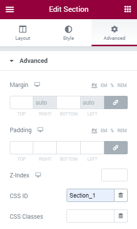 advanced section settings in elementor