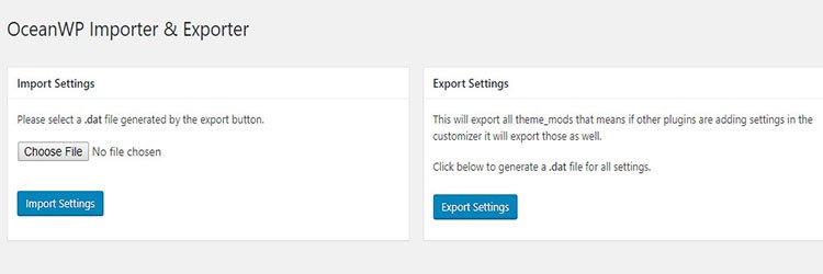 oceanwp import or export settings